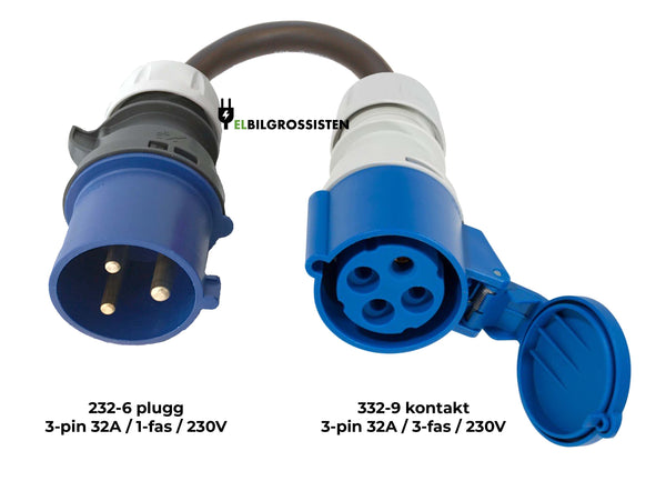 Industrikontakt / Industriplugg / Adapter / overgang - 32A 3-fase 230V til 32A 1-fase 230V - 232-6 til 332-9 - Elbilgrossisten